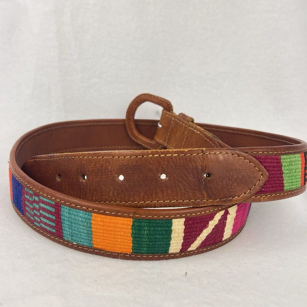 Vtg Guatemalan Leather Belt Woven Cotton Boho Artisan Colorful Geometric 34 S-M